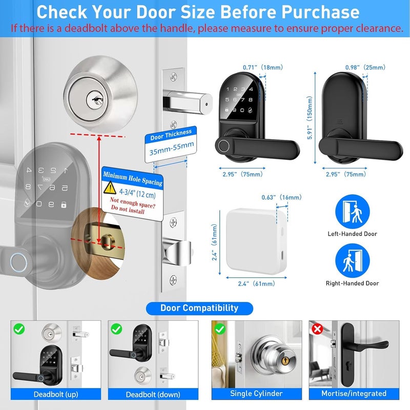 Bog fang Smart keypad Door Lock with Handle，Fingerprint Keyless Entry Digital Lock with Built-in doorbell for Front Door,Bedroom,biometric Door knob,with Gateway Remote APP Control - Image 3